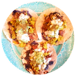 PURPLE POTATO RICE SAUSAGE EGG AVOCADO BITCHIN SAUCE BREAKFAST TACOS