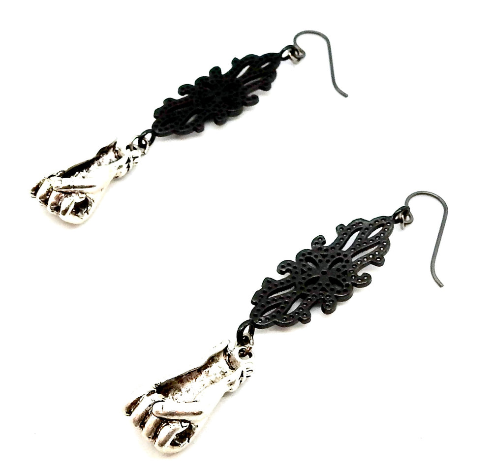 FISTS OF FURY BLACK & SILVER FILAGREE EARRINGS