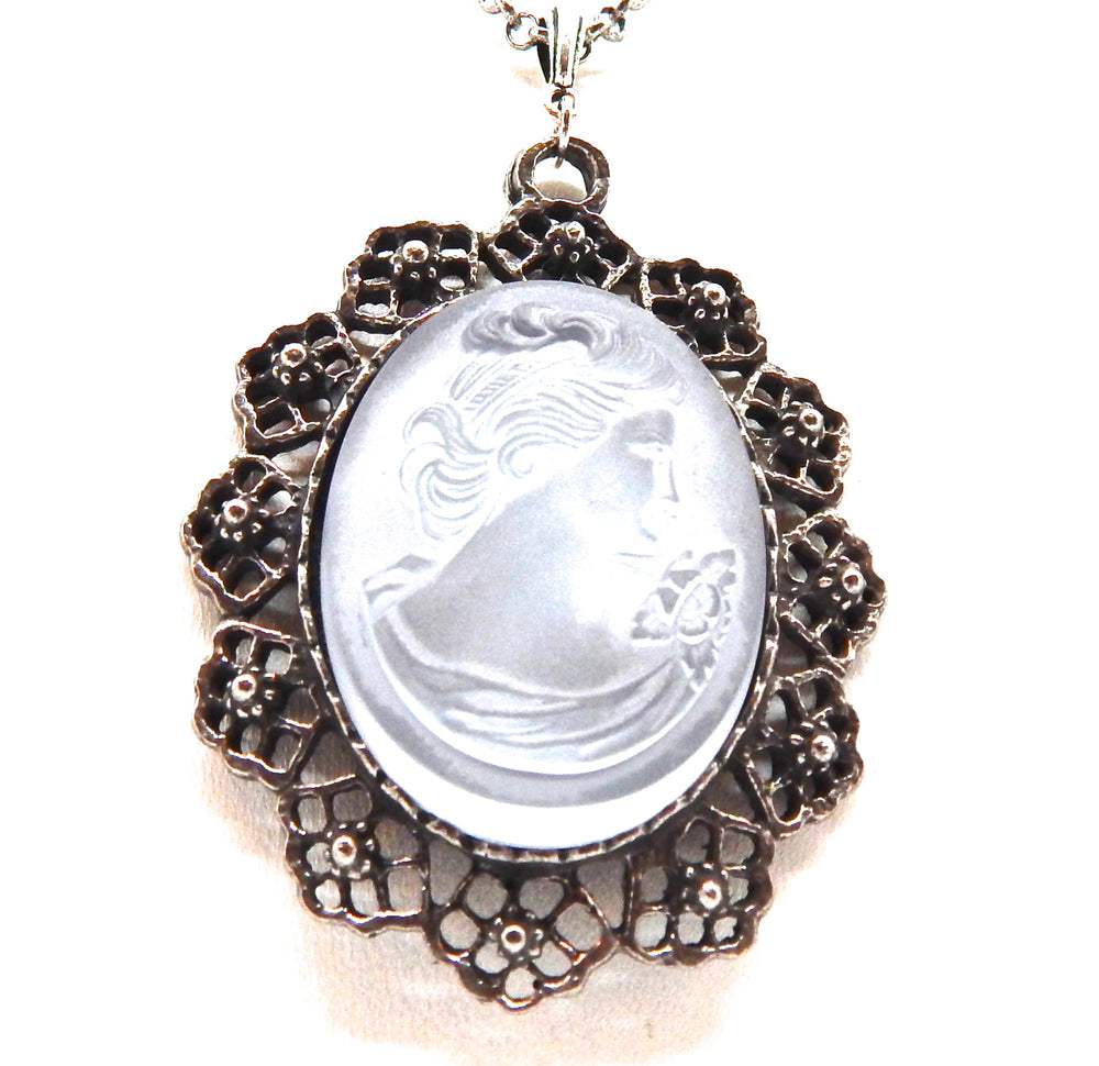 IMPERIAL GLASS BLUE SMOKE LADY CAMEO NECKLACE