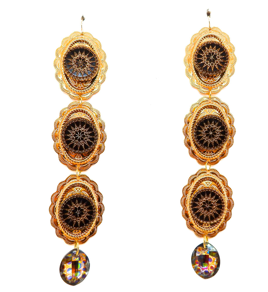 PONDEROSA LONGMIRE GOLDEN PEACOCK CONCHO EARRINGS