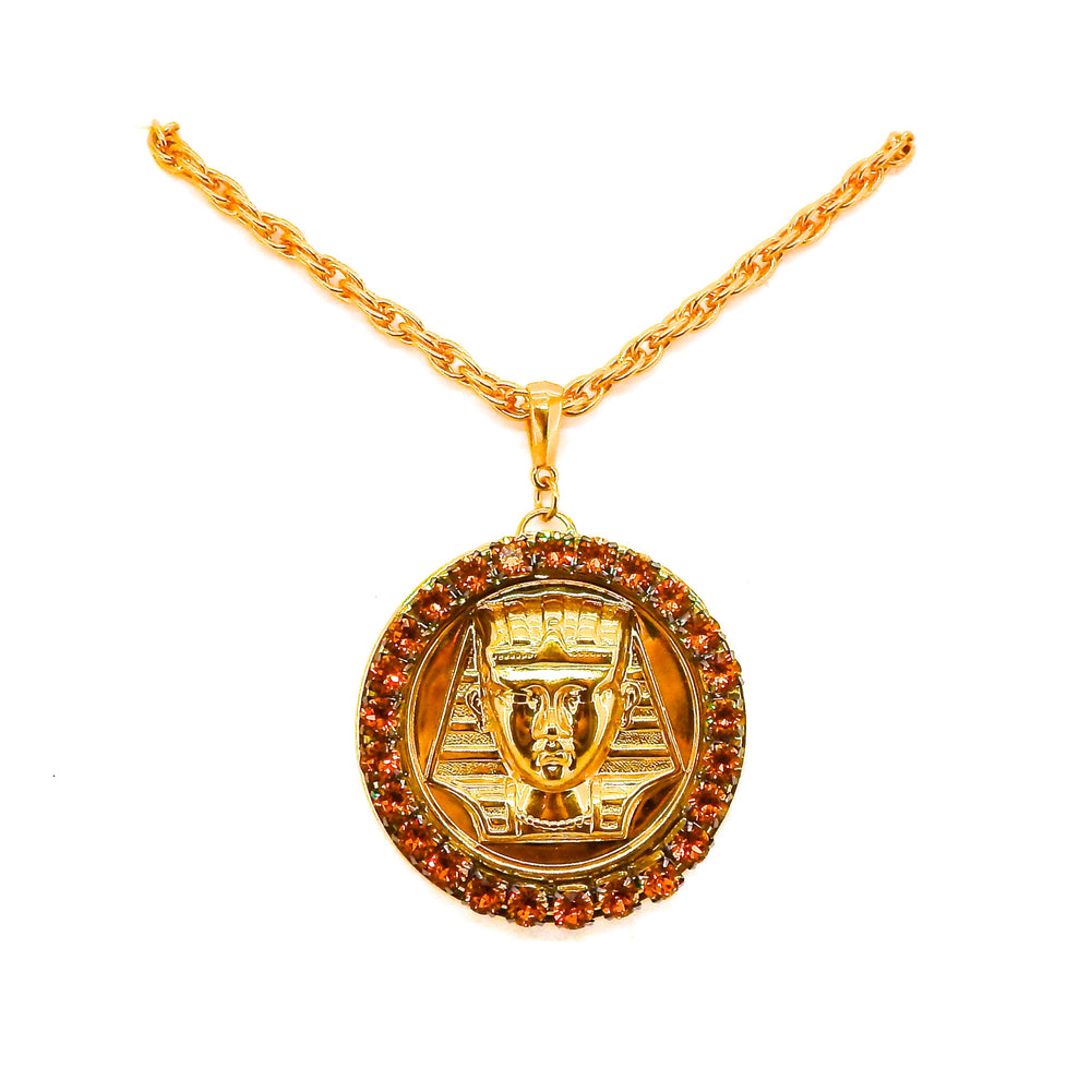 EGYPTIAN GOLD KING TUT HONEY DUST RHINESTONE MEDALLION NECKLACE