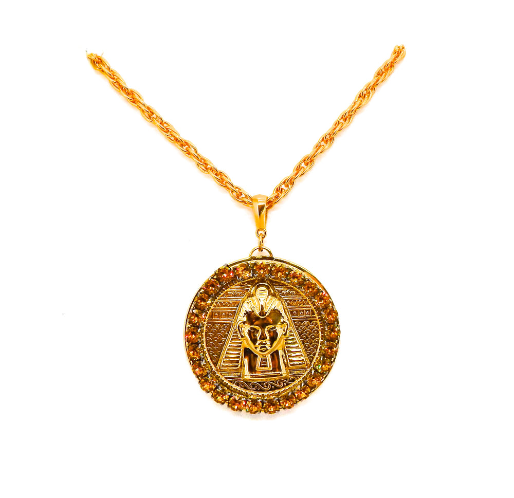 EGYPTIAN GOLD TUTANKHAMUN SUN DUST RHINESTONE MEDALLION NECKLACE