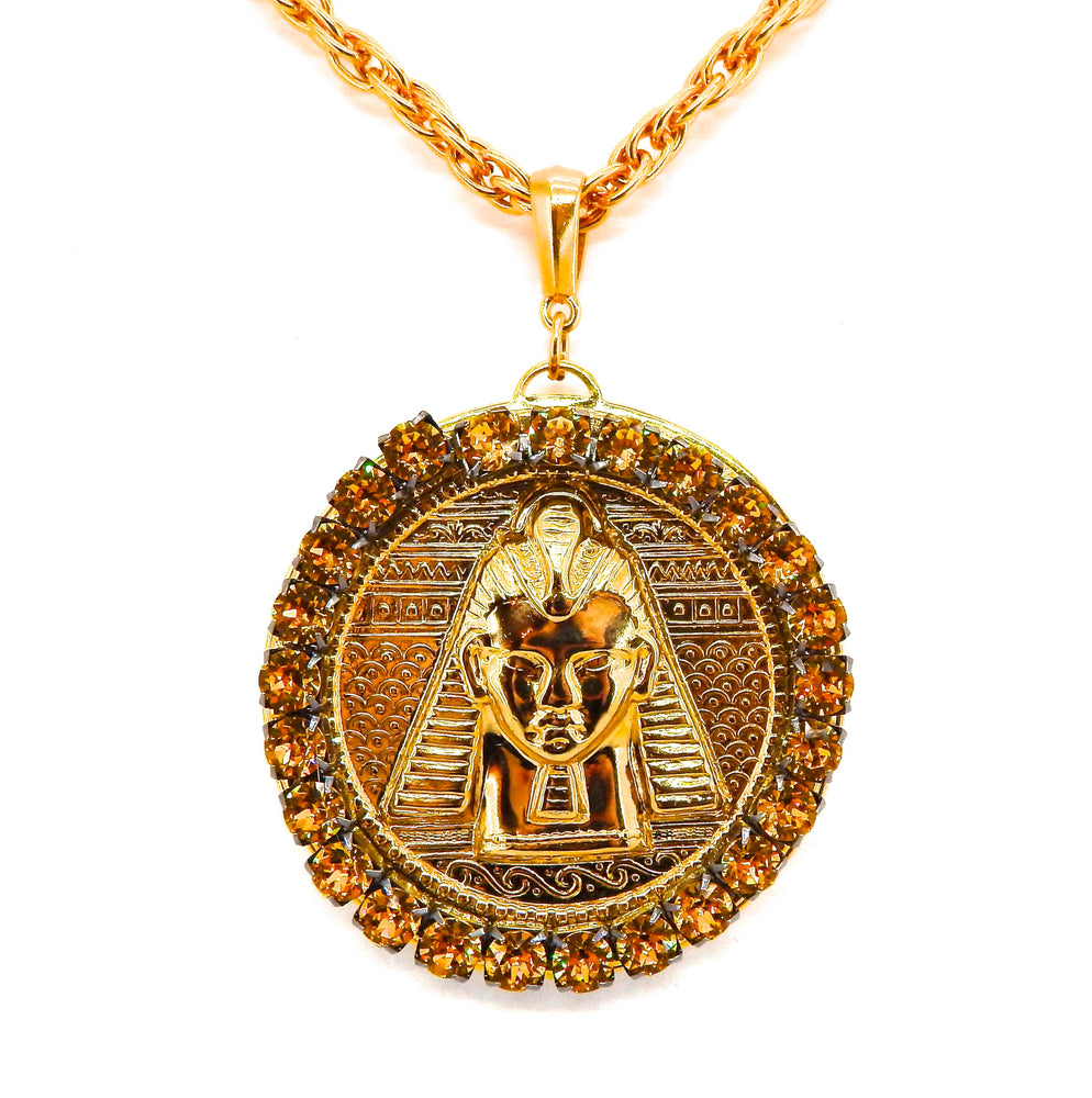 EGYPTIAN GOLD TUTANKHAMUN SUN DUST RHINESTONE MEDALLION NECKLACE