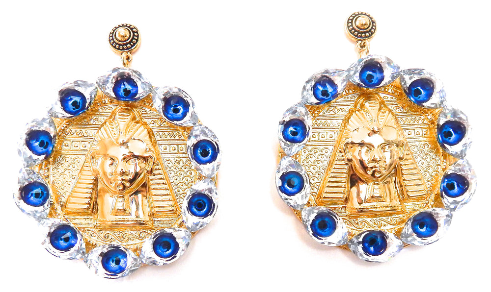 EGYPTIAN GOLD EYE OF GOD MEDALLION EARRINGS