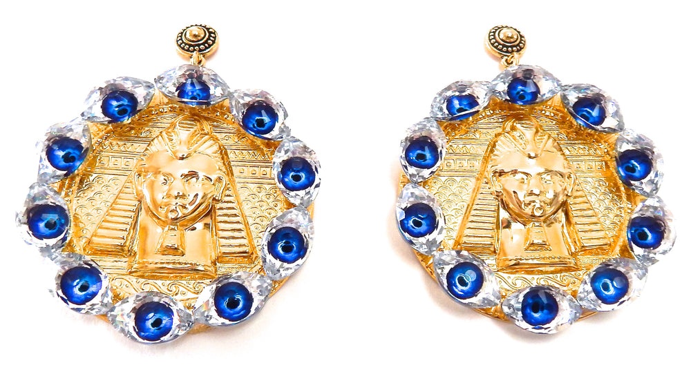 EGYPTIAN GOLD EYE OF GOD MEDALLION EARRINGS