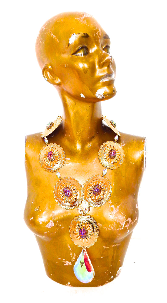 GOLDEN SQUASH BLOSSOM CONCHO NECKLACE