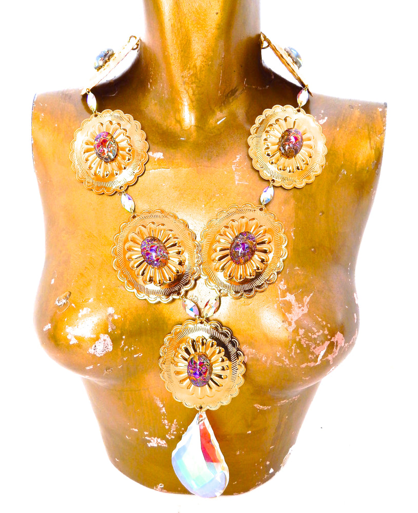 GOLDEN SQUASH BLOSSOM CONCHO NECKLACE