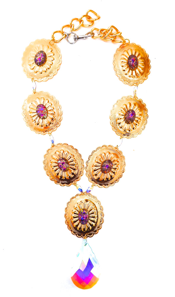 GOLDEN SQUASH BLOSSOM CONCHO NECKLACE