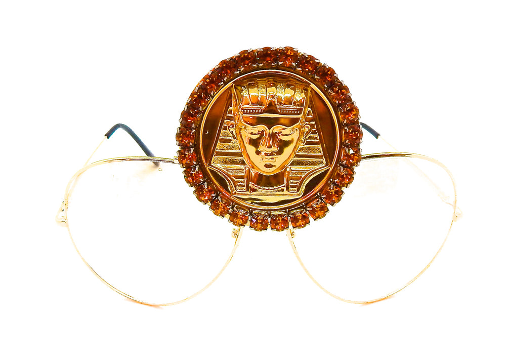 EGYPTIAN GOLD KING TUT HONEY DUST RHINESTONE MEDALLION AVIATOR SUNGLASSES
