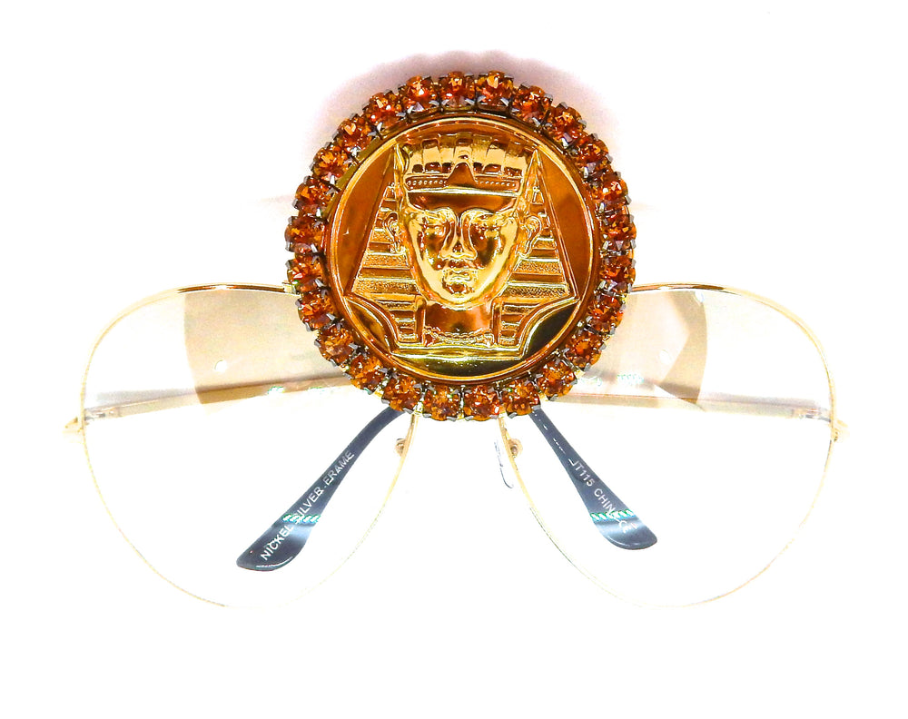 EGYPTIAN GOLD KING TUT HONEY DUST RHINESTONE MEDALLION AVIATOR SUNGLASSES