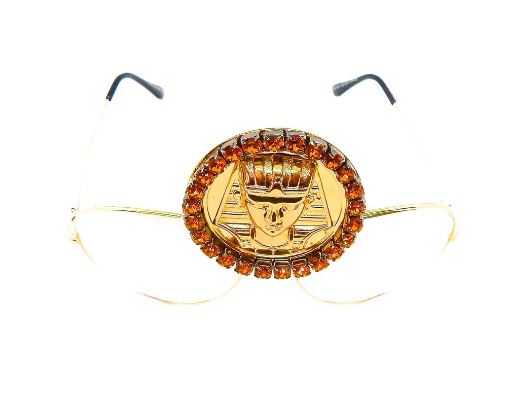 EGYPTIAN GOLD KING TUT HONEY DUST RHINESTONE MEDALLION AVIATOR SUNGLASSES