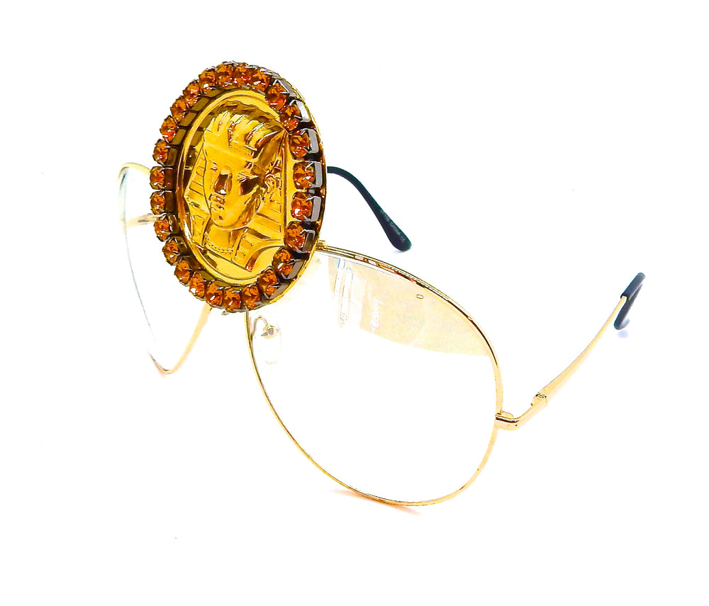 EGYPTIAN GOLD KING TUT HONEY DUST RHINESTONE MEDALLION AVIATOR SUNGLASSES