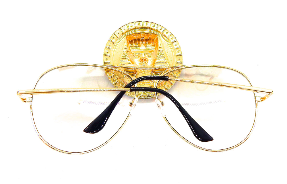 EGYPTIAN GOLD KING TUT HONEY DUST RHINESTONE MEDALLION AVIATOR SUNGLASSES