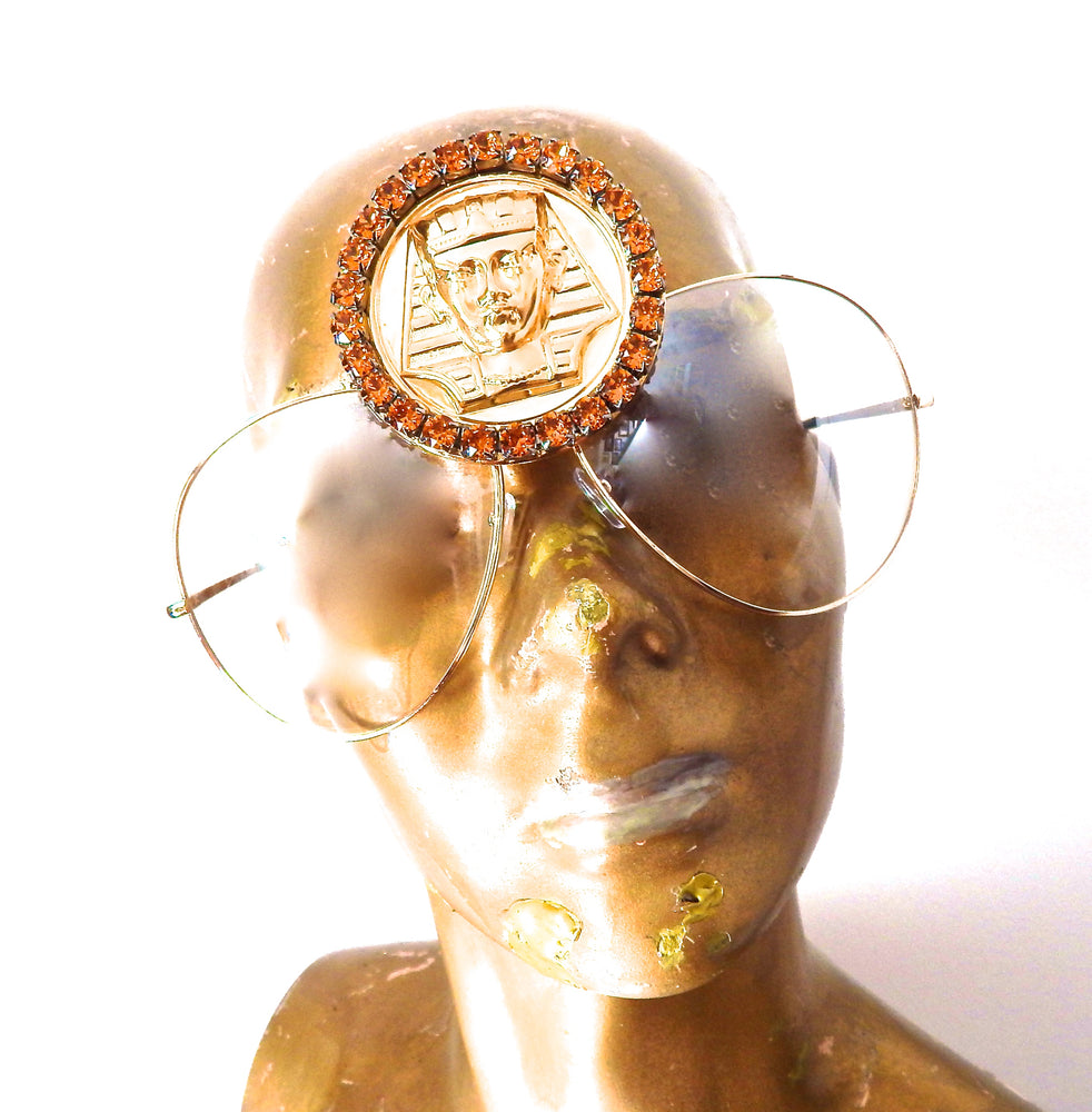 EGYPTIAN GOLD KING TUT HONEY DUST RHINESTONE MEDALLION AVIATOR SUNGLASSES