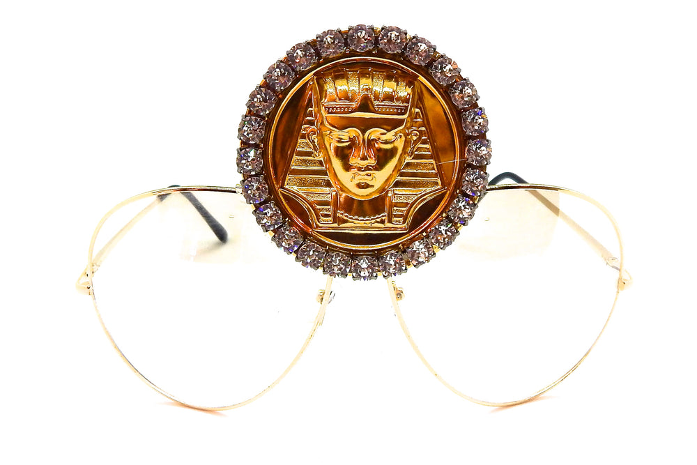 EGYPTIAN GOLD KING TUT MOONDUST RHINESTONE MEDALLION AVIATOR SUNGLASSES