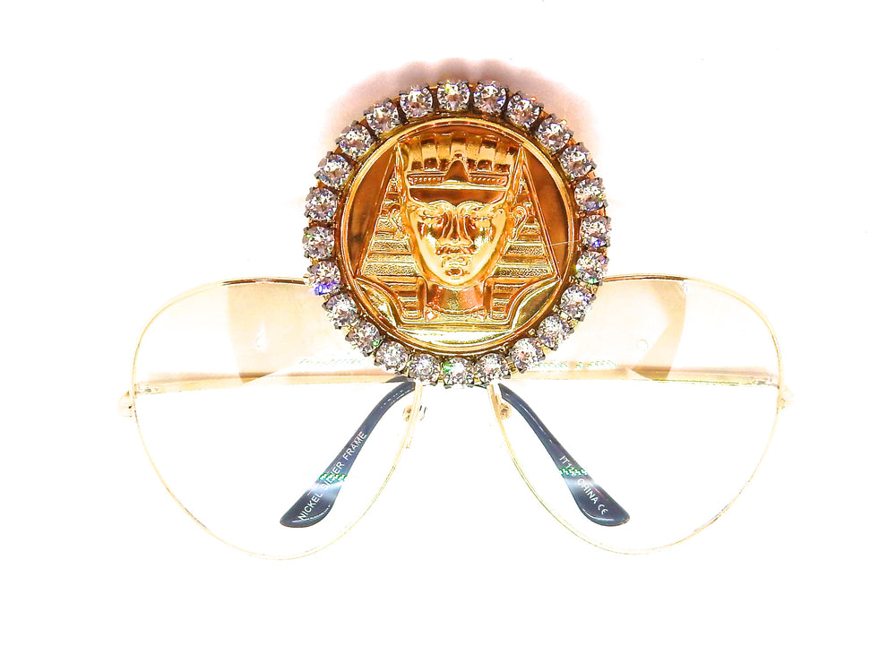 EGYPTIAN GOLD KING TUT MOONDUST RHINESTONE MEDALLION AVIATOR SUNGLASSES