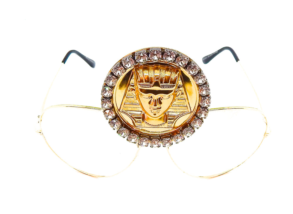 EGYPTIAN GOLD KING TUT MOONDUST RHINESTONE MEDALLION AVIATOR SUNGLASSES