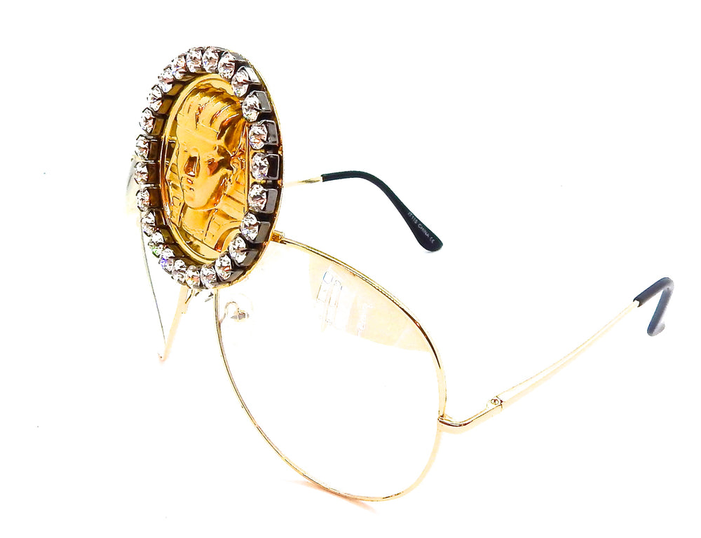 EGYPTIAN GOLD KING TUT MOONDUST RHINESTONE MEDALLION AVIATOR SUNGLASSES