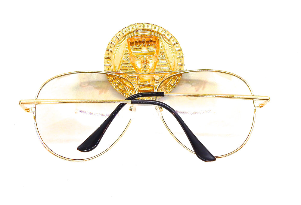 EGYPTIAN GOLD KING TUT MOONDUST RHINESTONE MEDALLION AVIATOR SUNGLASSES