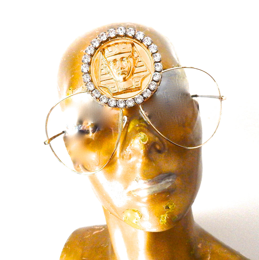 EGYPTIAN GOLD KING TUT MOONDUST RHINESTONE MEDALLION AVIATOR SUNGLASSES