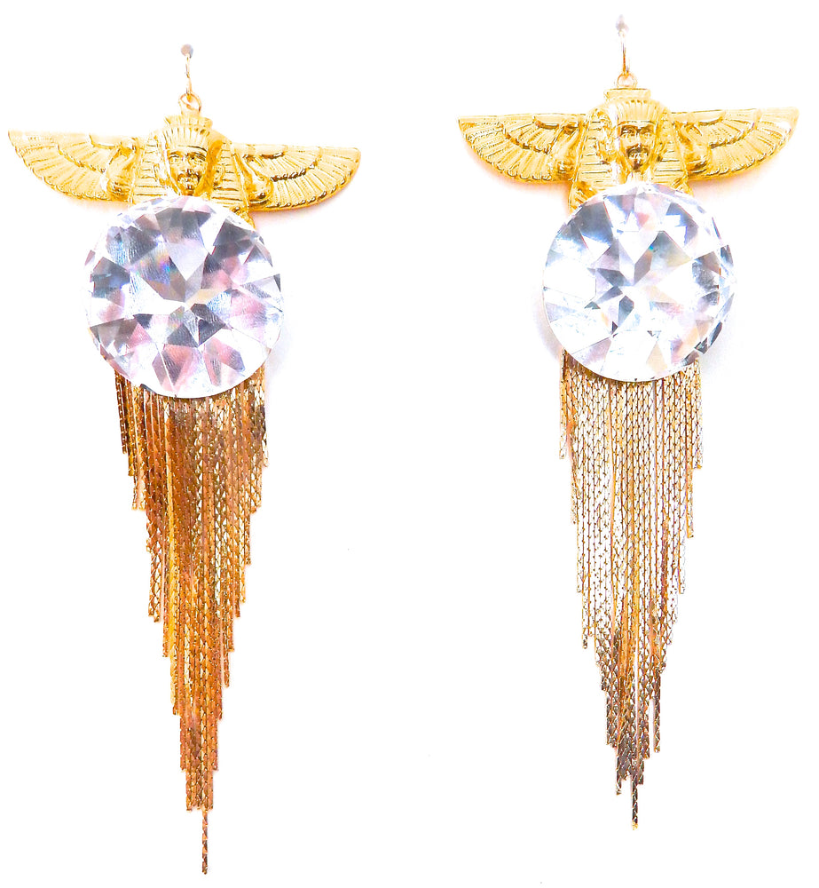 EGYPTIAN GOLD ISIS GODDESS MOONDUST FRINGE EARRINGS