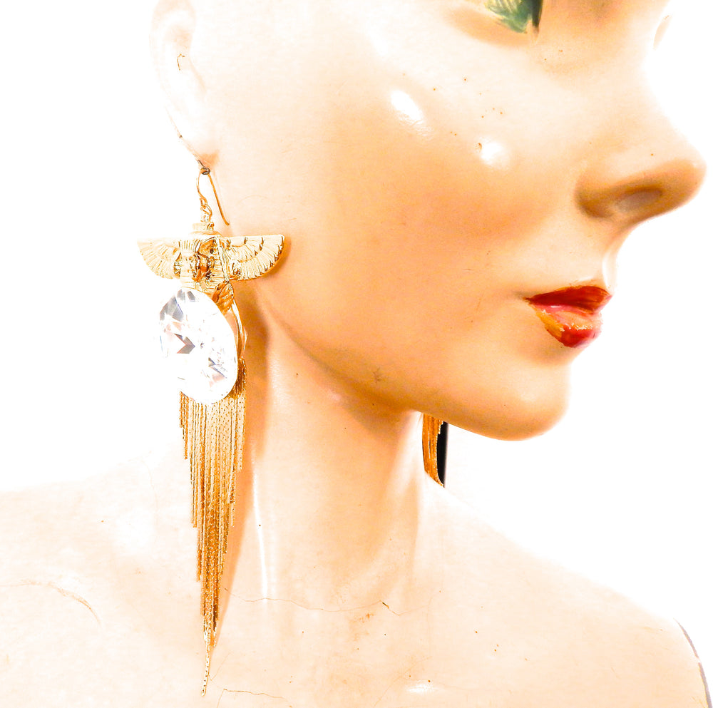 EGYPTIAN GOLD ISIS GODDESS MOONDUST FRINGE EARRINGS