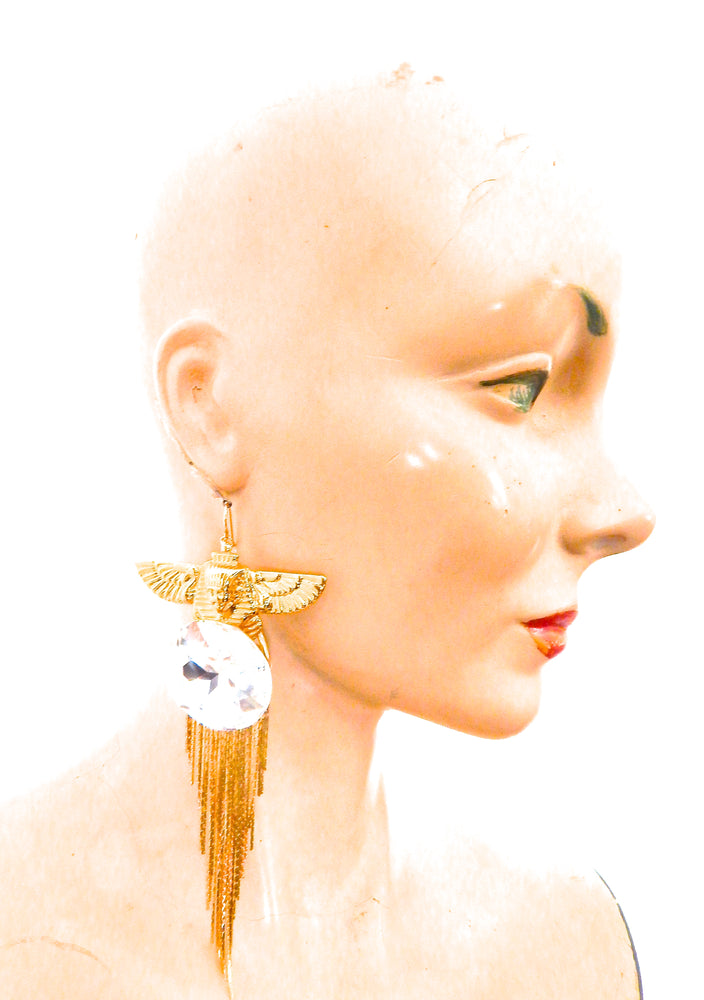 EGYPTIAN GOLD ISIS GODDESS MOONDUST FRINGE EARRINGS