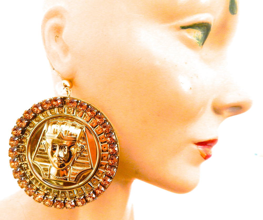 EGYPTIAN GOLD KING TUT HONEY DUST RHINESTONE MEDALLION EARRINGS