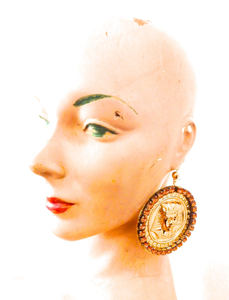 EGYPTIAN GOLD KING TUT HONEY DUST RHINESTONE MEDALLION EARRINGS