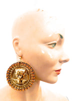 EGYPTIAN GOLD KING TUT HONEY DUST RHINESTONE MEDALLION EARRINGS