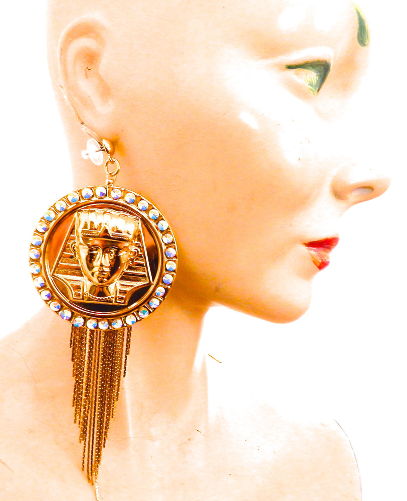 EGYPTIAN GOLD KING TUT OPAL RHINESTONE FRINGE EARRINGS