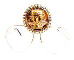 EGYPTIAN GOLD KING TUT OPAL RHINESTONE MEDALLION AVIATOR SUNGLASSES