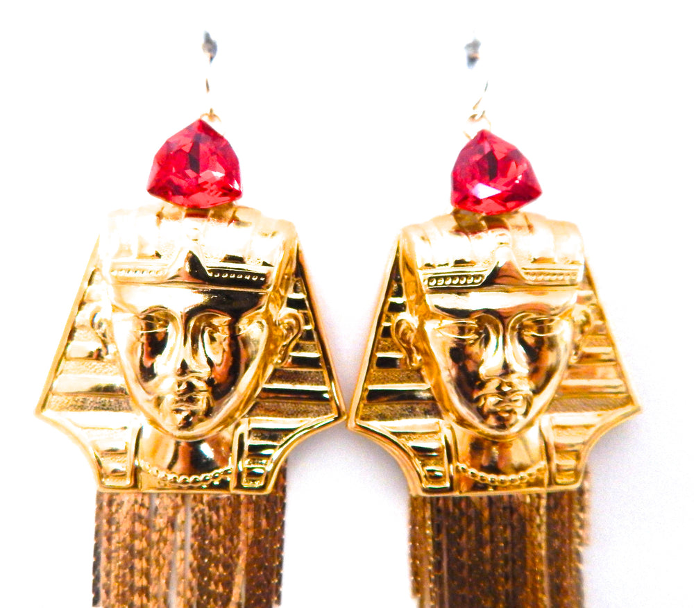 EGYPTIAN GOLD KING TUT SCARLET RHINESTONE FRINGE EARRINGS