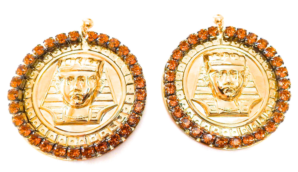 EGYPTIAN GOLD KING TUT HONEY DUST RHINESTONE MEDALLION EARRINGS