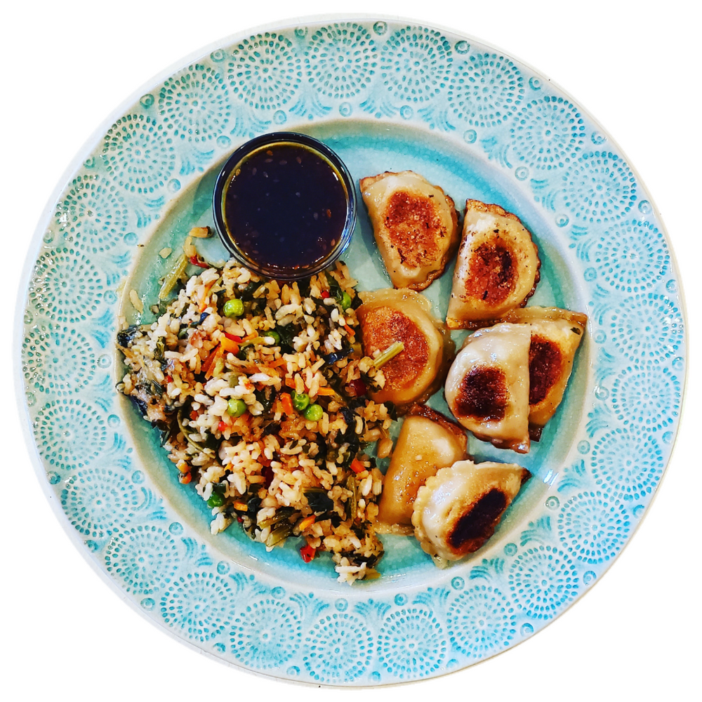 THAI BASIL VEGETABLE DUMPLINGS + KALE HIBACHI RICE