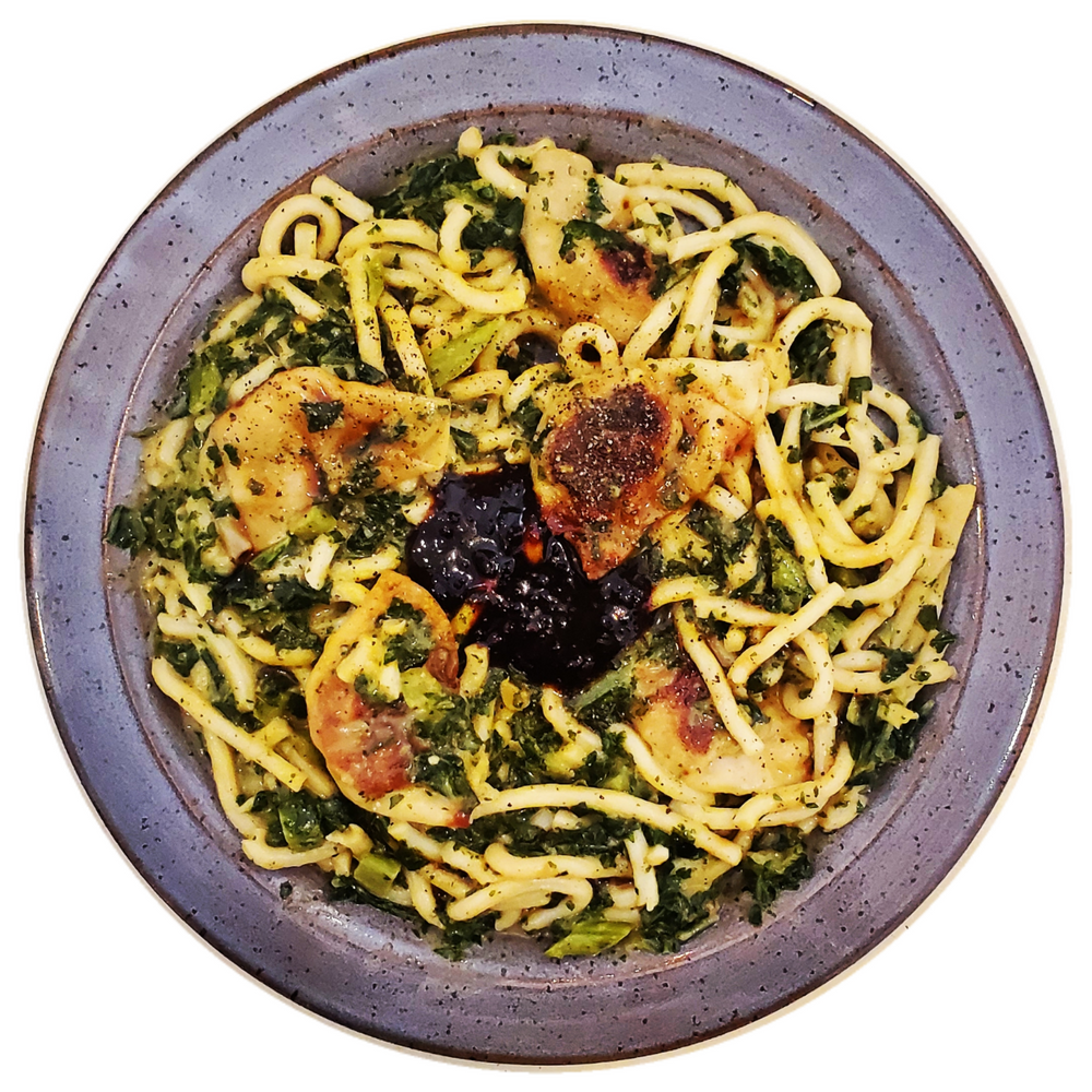 SPICY VEGETABLE DUMPLING GARLIC HERB GRAVY KALE UDON NOODLES