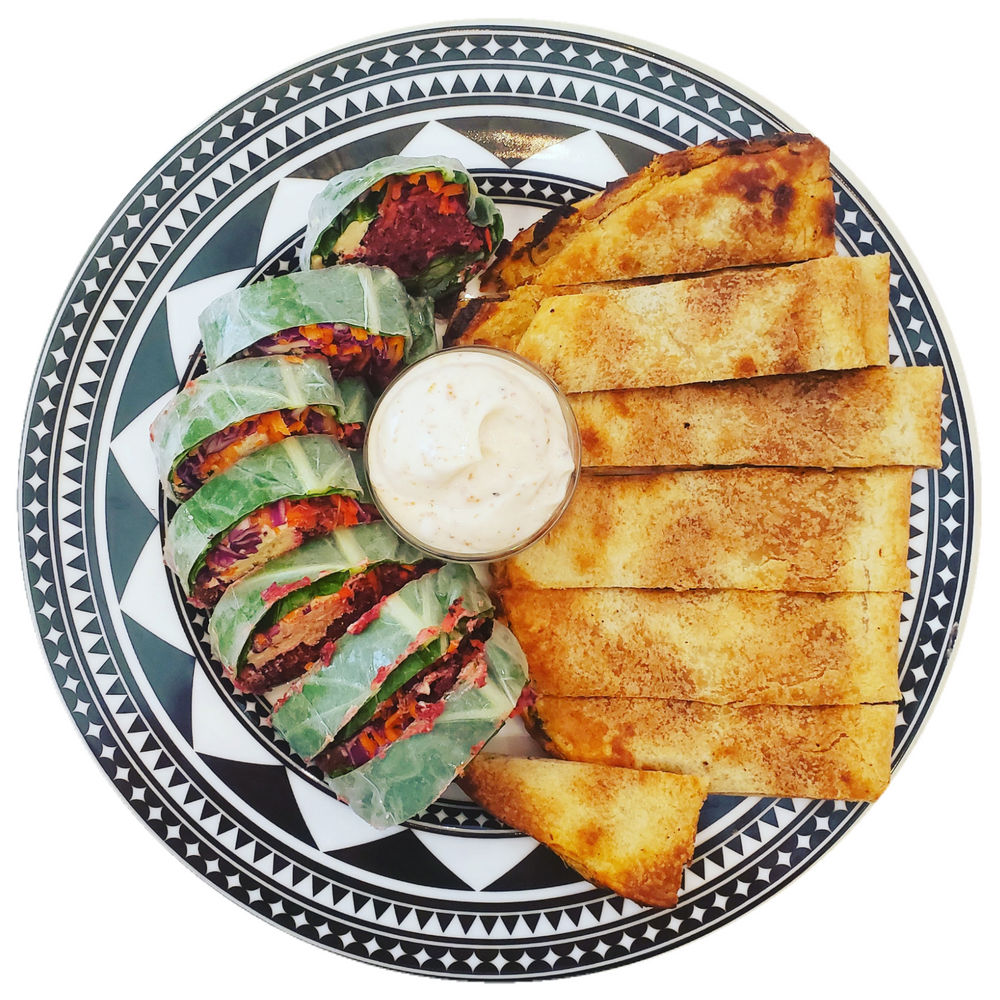 UPBEET CHEESEBURGER WRAP + SPICY POTATO FLATBREAD + SWEET N SPICY GARLIC DIP