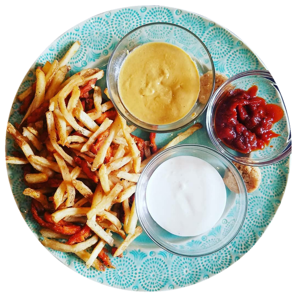 SMOKED SALT VANILLA SUGAR FRENCH FRIES + QUESO KETCHUP RANCH & SALTED CARAMEL COCONUT BITES