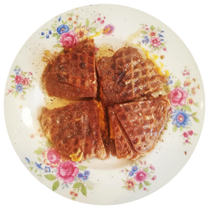 SAUSAGE CHEESE MAPLE PECAN PANCAKE WAFFLE GRILLED CHEESE SANDWICH WITH SPICY VANILLA CINNAMON MAPLE SYRUP