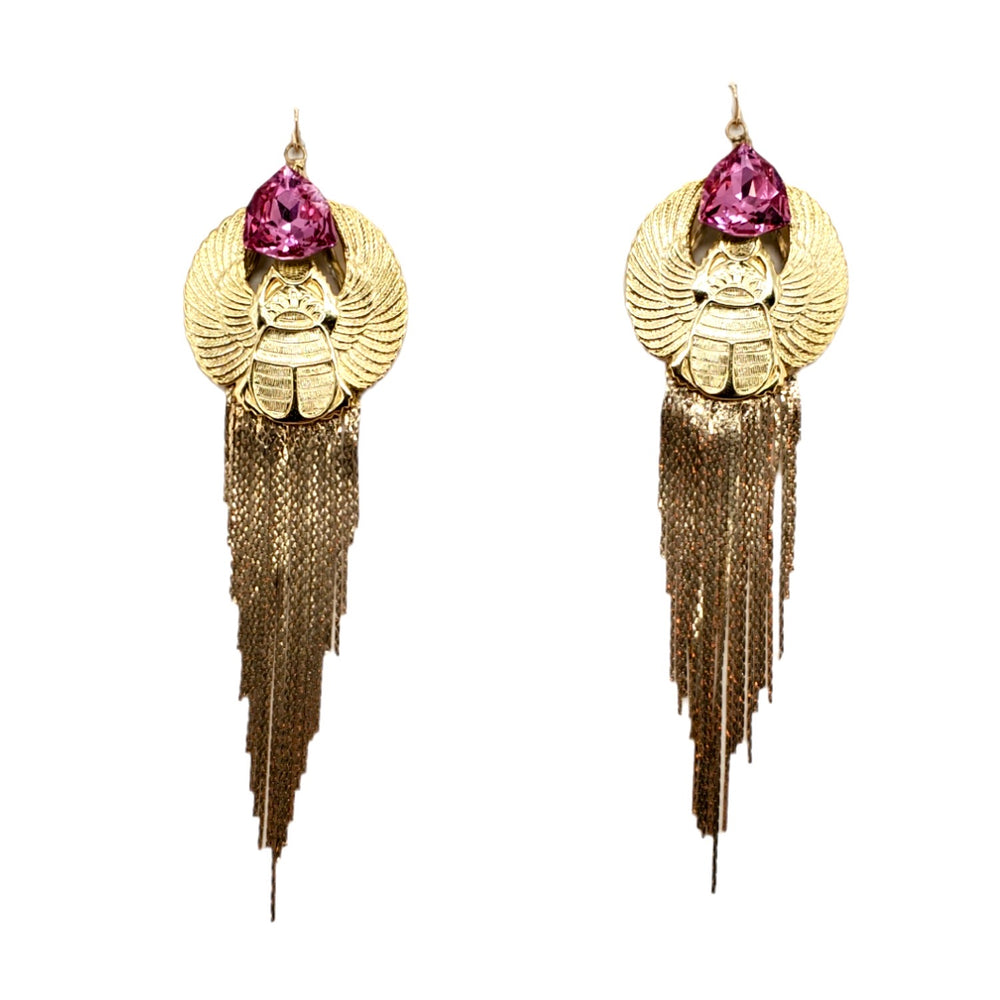 EGYPTIAN GOLD KHEPRI BEETLE PINK FOX FRINGE EARRINGS