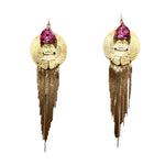 EGYPTIAN GOLD KHEPRI BEETLE PINK FOX FRINGE EARRINGS