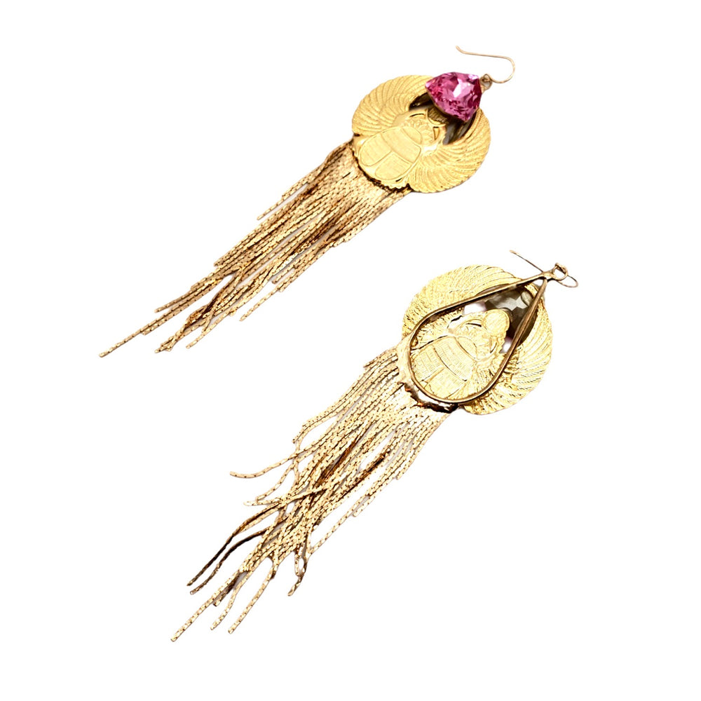 EGYPTIAN GOLD KHEPRI BEETLE PINK FOX FRINGE EARRINGS