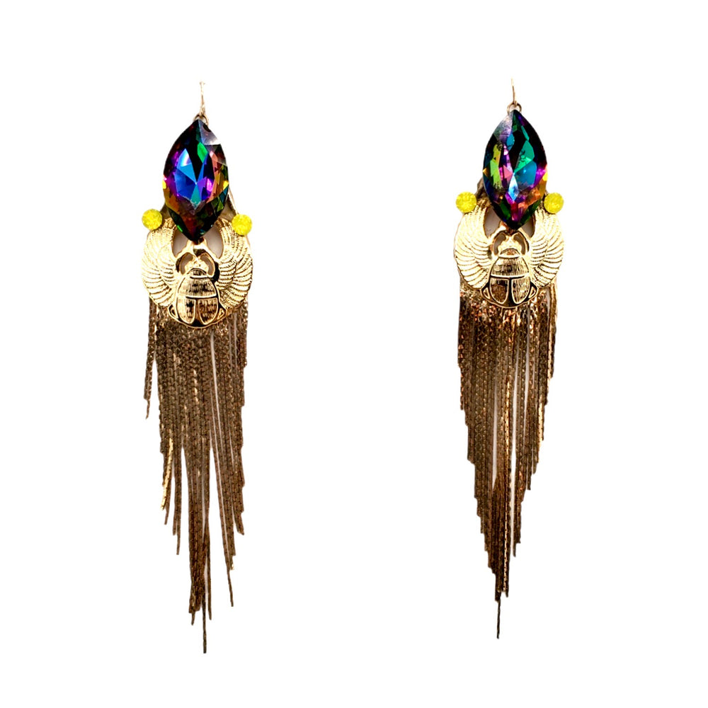 EGYPTIAN GOLD KHEPRI BEETLE TURQUOISE FRINGE EARRINGS