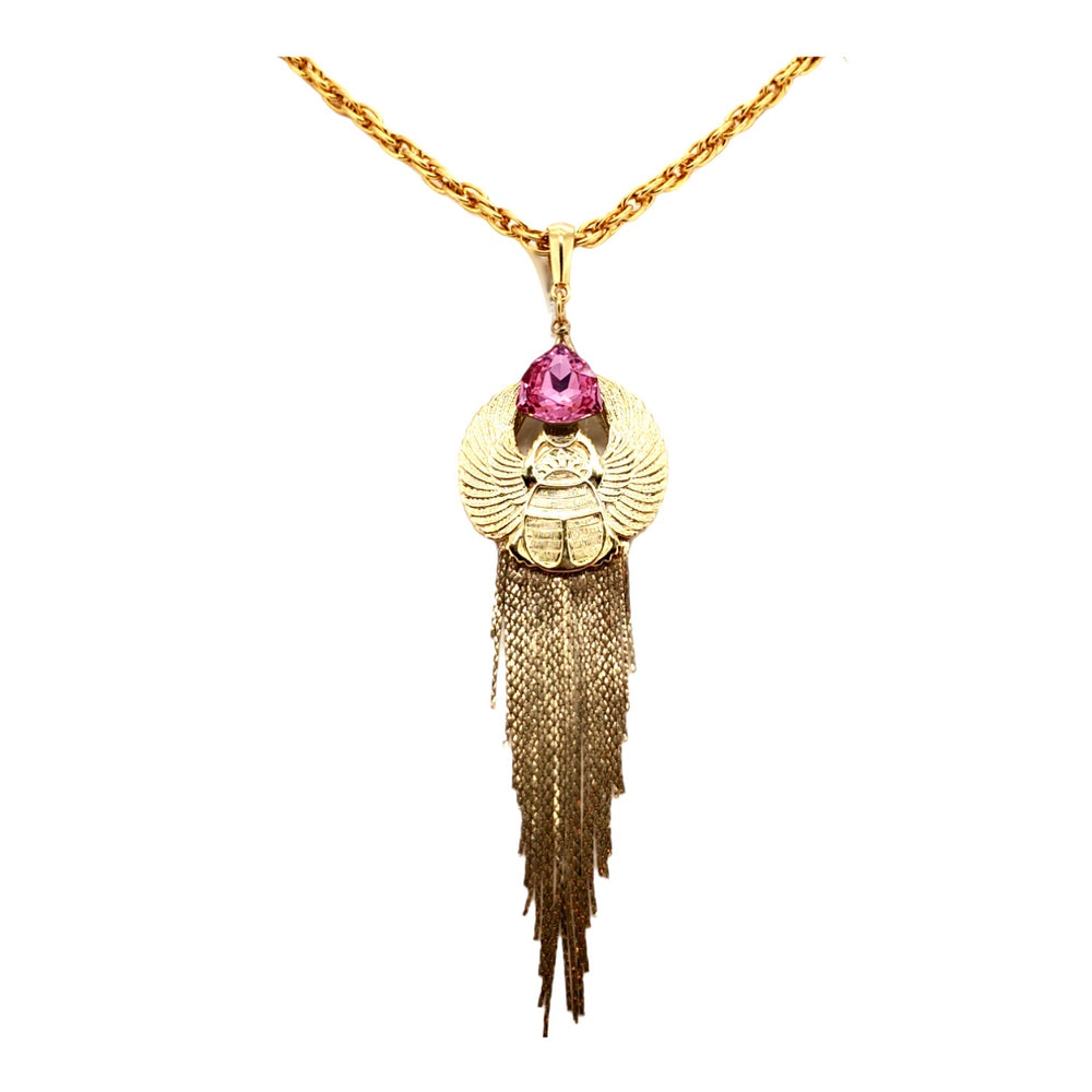 EGYPTIAN GOLD KHEPRI BEETLE PINK FOX FRINGE NECKLACE