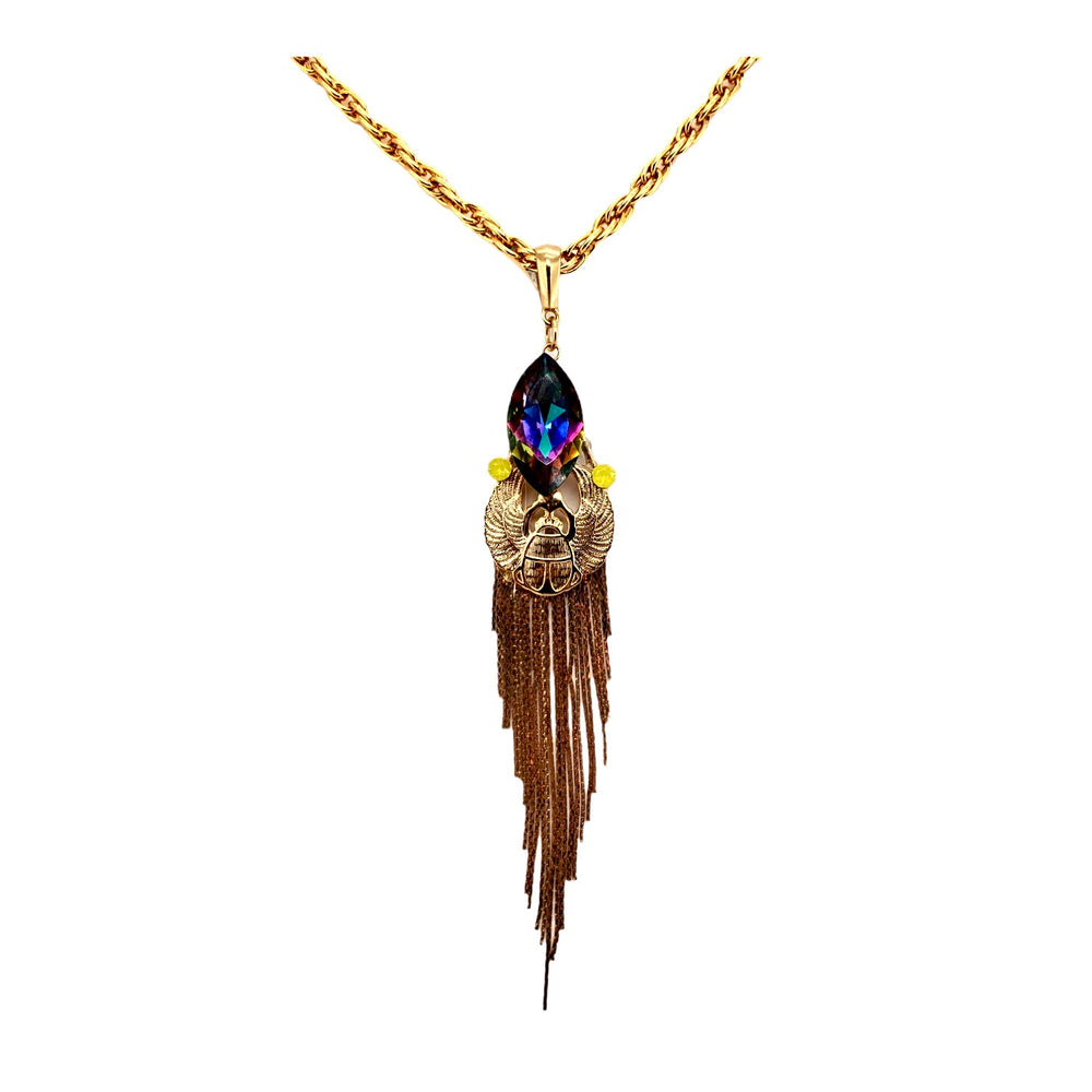 EGYPTIAN GOLD KHEPRI BEETLE TURQUOISE FRINGE NECKLACE