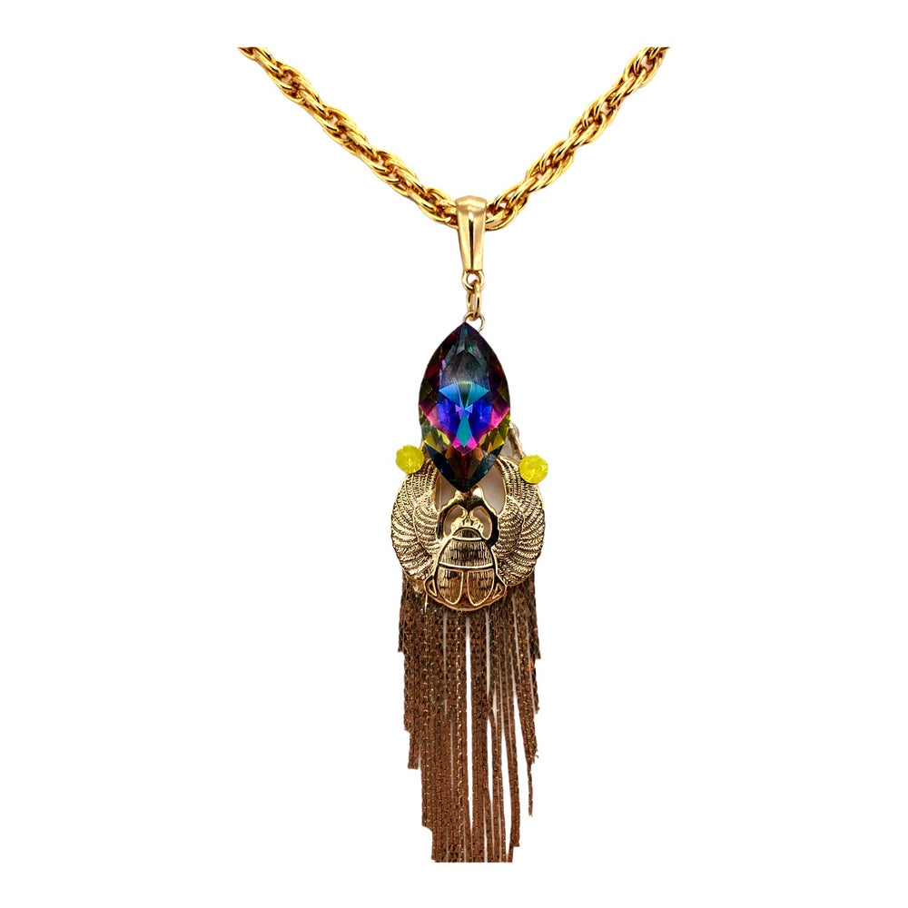 EGYPTIAN GOLD KHEPRI BEETLE TURQUOISE FRINGE NECKLACE