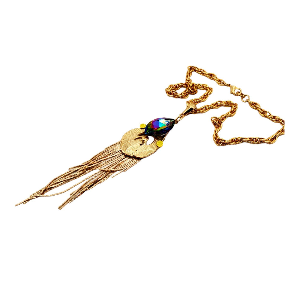 EGYPTIAN GOLD KHEPRI BEETLE TURQUOISE FRINGE NECKLACE