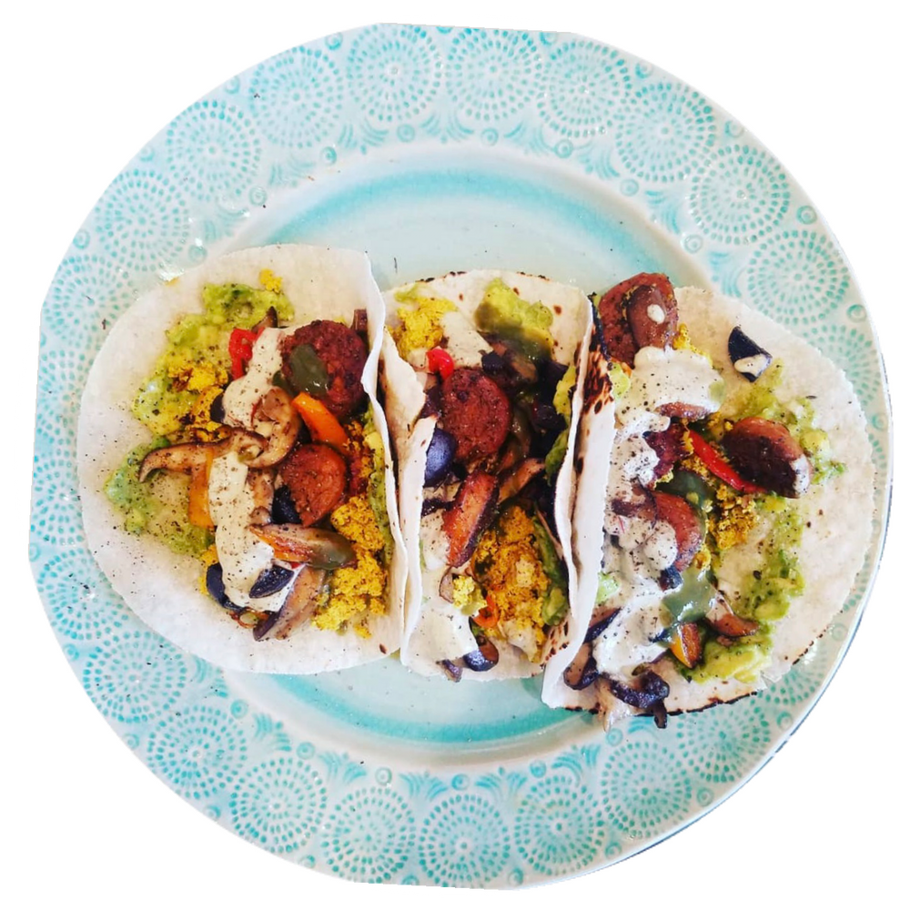 EGG AVOCADO PURPLE POTATO SWEET PEPPER MUSHROOM SAUSAGE HOT SAUCE TACOS