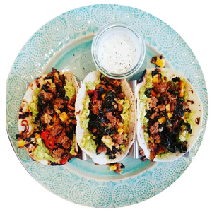 KALE CHEESE BEEF AVOCADO RANCH TACOS