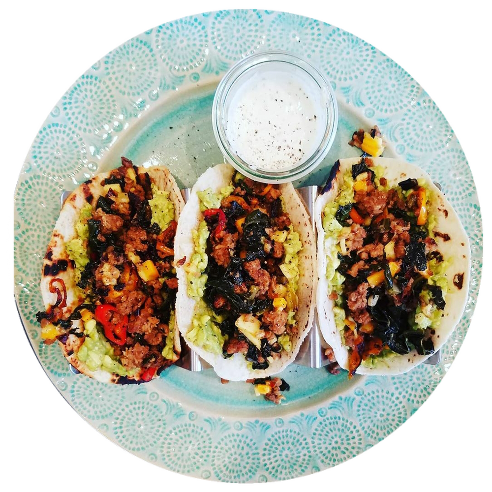 KALE CHEESE BEEF AVOCADO RANCH TACOS